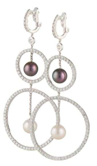 4.95ctw Diamond and Pearl Double Open Circle Dangle Earrings in 18K