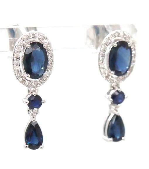 14kt White gold sapphire and diamond halo dangle earrings