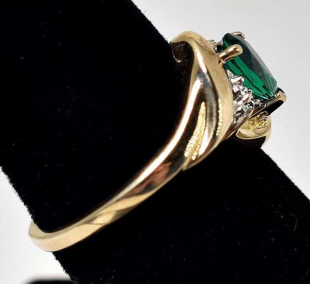 Beautiful 10K Yellow Gold Synthetic Emerald Gemstone Ring with Diamond Accents