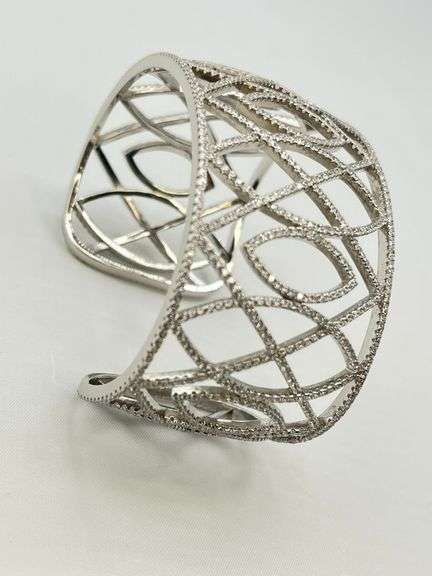 925 Sterling Silver Rhinestone Oval And Rhombus Design Wide Cuff Bracelet