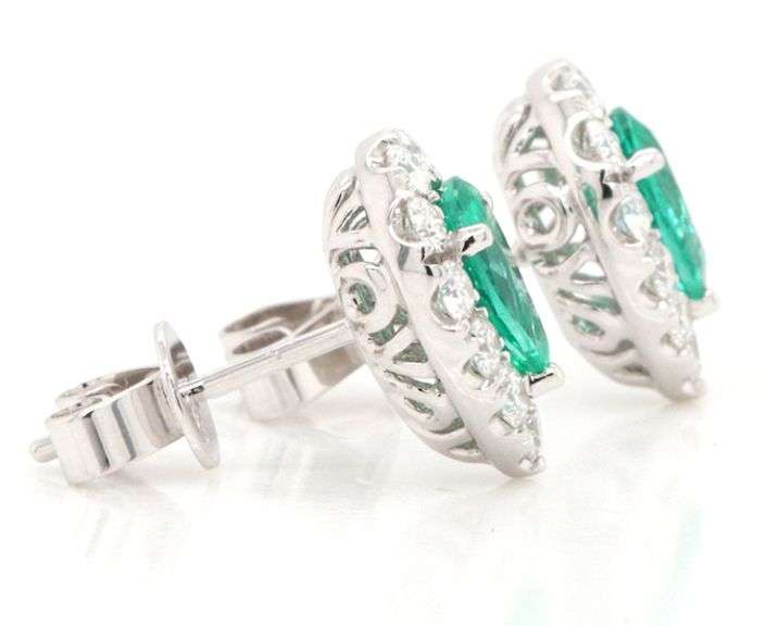 New 0.99ctw Pear Emerald and 0.75ctw Diamond Frame Stud Earrings in 14K