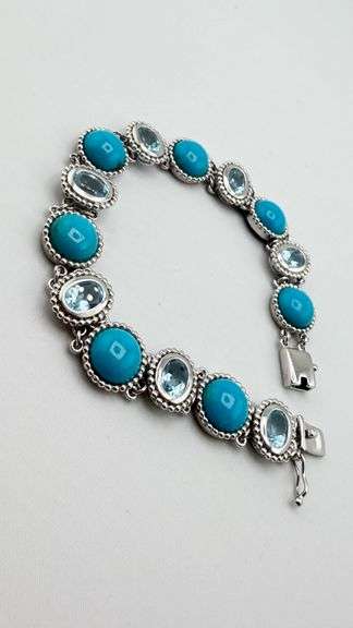 925 Sterling Silver EA Signed Turquoise and Blue Topaz Bracelet