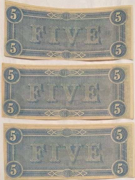 3 Consecutive $5 Rich Red Choice CU Confederate States Notes