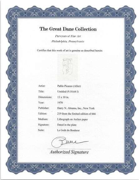 Exclusive Limited Edition Pablo Picasso Lithograph "Le Gout du Bonheur", 1970