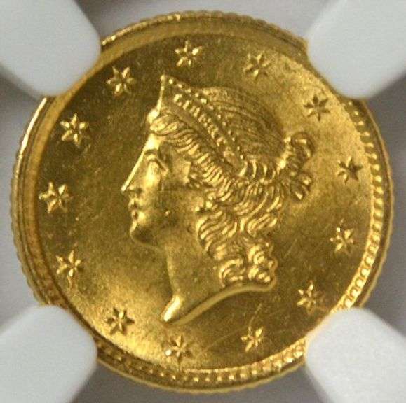 Very Choice BU 1854 Type One $1 Gold Piece. NGC MS63
