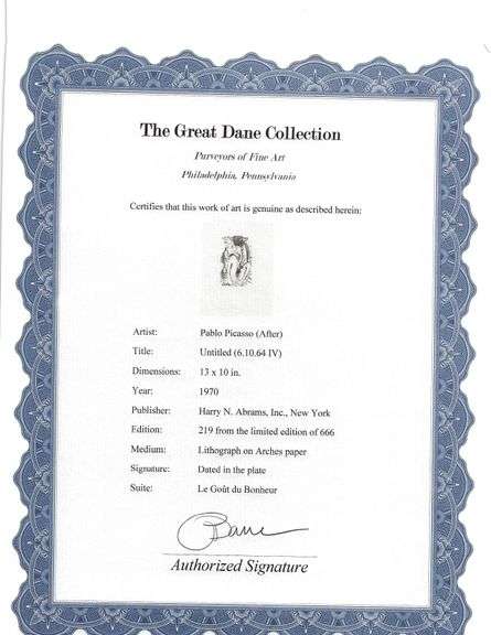 Exclusive Limited Edition Pablo Picasso Lithograph "Le Gout du Bonheur", 1970