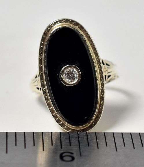 Vintage 14K Yellow Gold Black Onyx Gemstone Ring with Diamond Accents