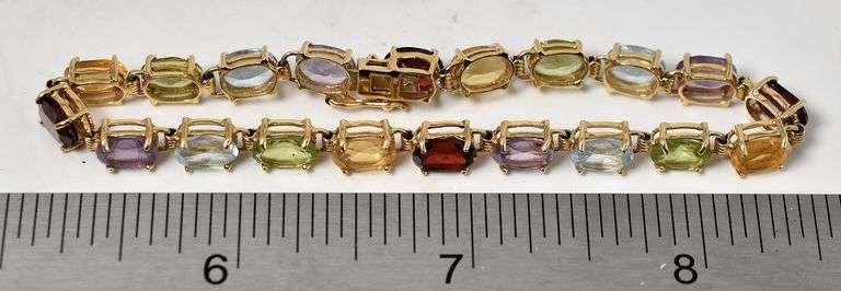 Amazing 14K Yellow Gold Amethyst, Blue Topaz, Peridot, Citrine, and Garnet Gemstone Bracelet