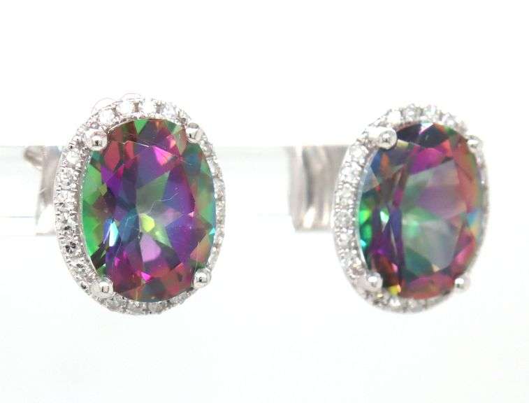 14kt White gold 4.50ctw mystic topaz and diamond halo earrings