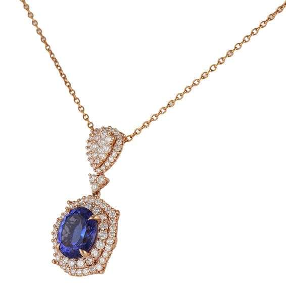 New 5.60ct Oval Tanzanite and 1.65ctw Diamond Double Frame Pendant Necklace in 14K