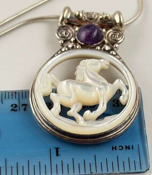 925 Sterling Silver Sajen Mother Of Pearl carved Horse Pendant With Chain