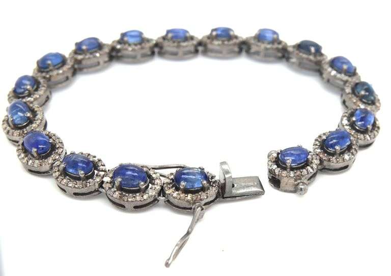 Charming 14.50CTW Oval Shaped Cabochon-Cut Kyanite & 2.50CTW Diamond Bracelet on 14K White Gold Over