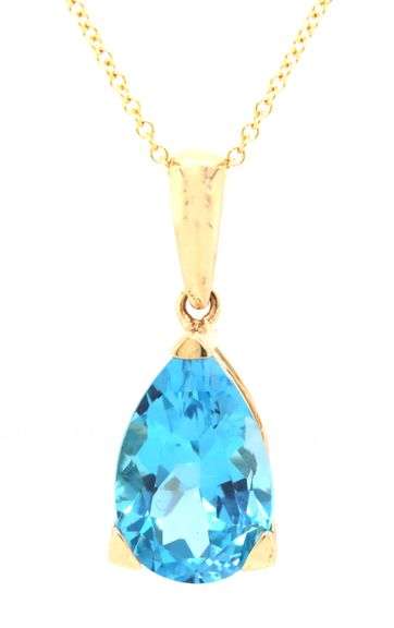 14kt Yellow gold pear shaped blue topaz pendant on chain