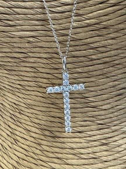 Sterling Silver Rhodium Plated 925 Cross Moissanite Pendant Necklace 16" +2"