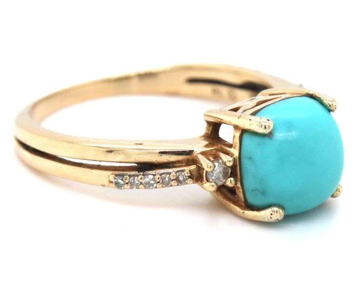 14kt Yellow gold cushion turquoise and diamond ring
