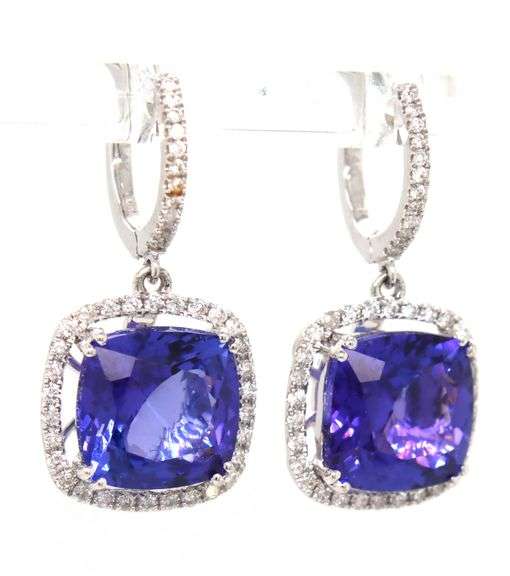 14kt White gold 8.52ctw Tanzanite and 0.50ctw diamond dangle earrings