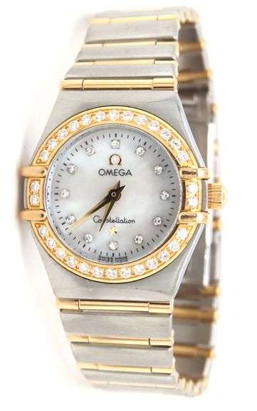 ladies Omega Constellation mother of pearl diamond dial and bezel watch