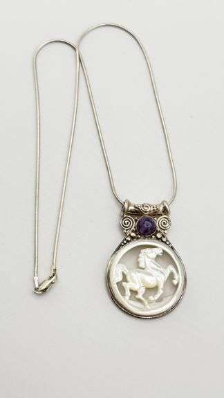 925 Sterling Silver Sajen Mother Of Pearl carved Horse Pendant With Chain