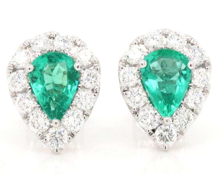 New 0.99ctw Pear Emerald and 0.75ctw Diamond Frame Stud Earrings in 14K