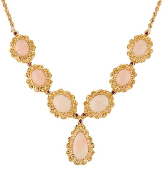 Vintage Angel Skin Coral and Ruby Filigree Frame Pendant Station Necklace in 18K