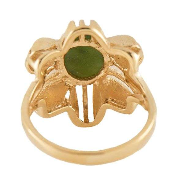 Oval Jade Flower Style Solitaire Ring in 14K