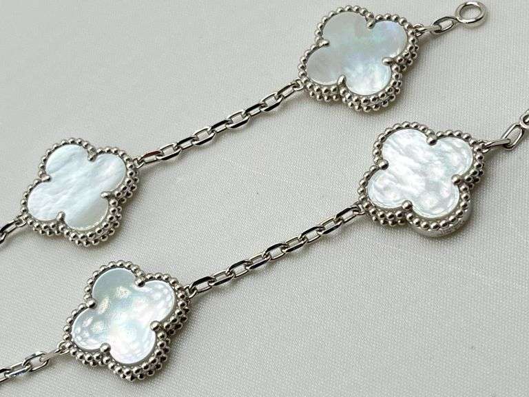 18KT White Gold Handcrafted Five Clover White Mother Of Pearl Bracelet