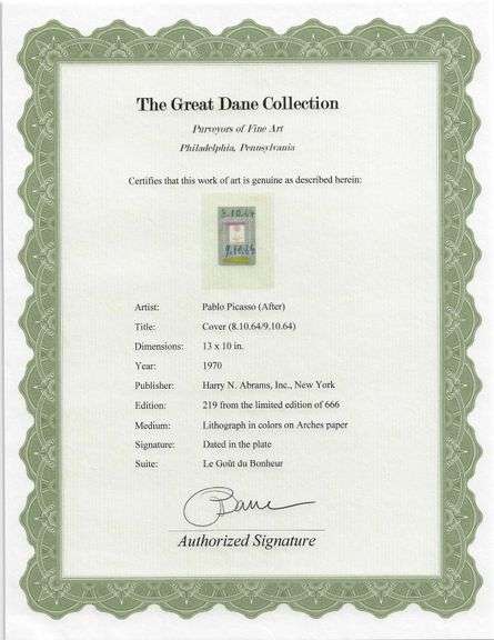 Exclusive Limited Edition Pablo Picasso Lithograph "Le Gout du Bonheur", 1970