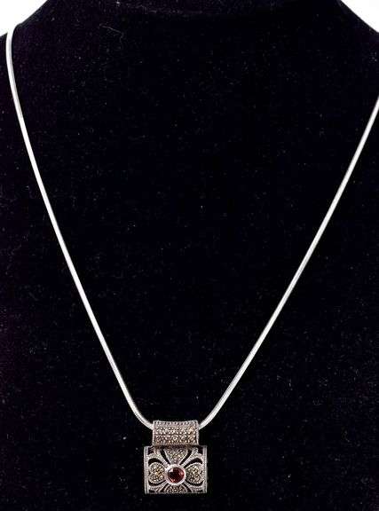 Red Garnet and Marcasite Gemstone Pendant Necklace