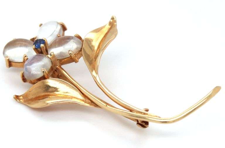Fun 14K YG and Moonstone Flower Brooch
