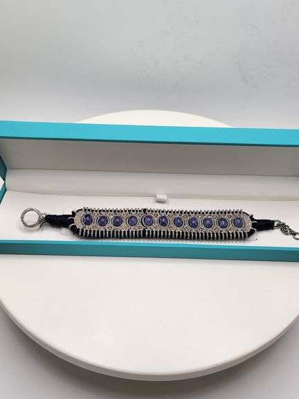 New! +10 ctw all natural iolite and diamond  weaved on fabric bracelet