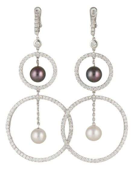 4.95ctw Diamond and Pearl Double Open Circle Dangle Earrings in 18K