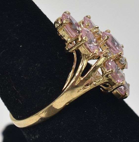 Pretty 10K Yellow Gold Pink and White Cubic Zirconia Gemstone Ring