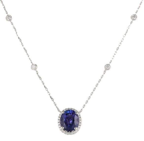 New 4.14ct Oval Tanzanite and 0.60ctw Diamond Frame Pendant Necklace in 14K