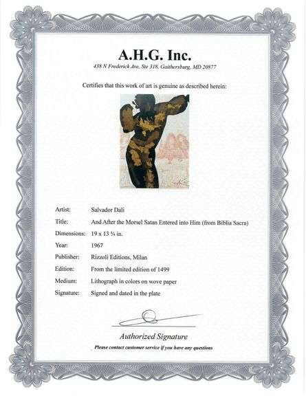 Highly Collectible and Rare Salvador Dali Original Lithograph from the 'Biblia Sacra' Suite