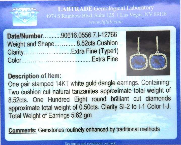 14kt White gold 8.52ctw Tanzanite and 0.50ctw diamond dangle earrings