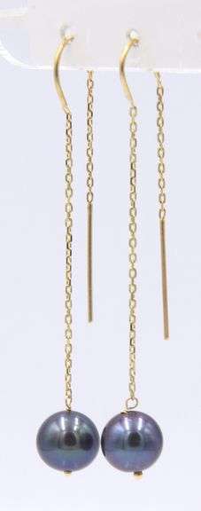 14kt Yellow Gold Grey Pearl Threader Dangle Earrings