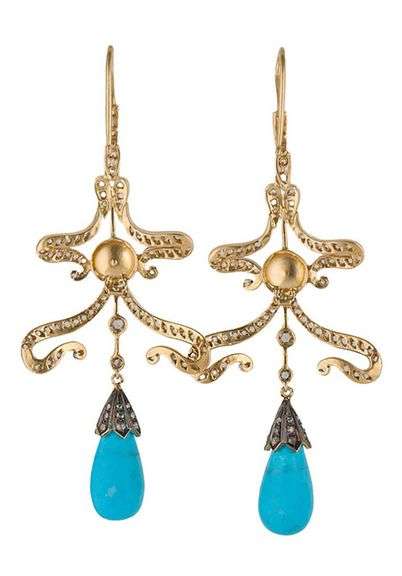 3.00ctw Rose Cut Diamond Pearl and Turquoise Chandelier Dangle Earrings in 18K