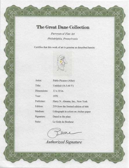 Exclusive Limited Edition Pablo Picasso Lithograph "Le Gout du Bonheur", 1970