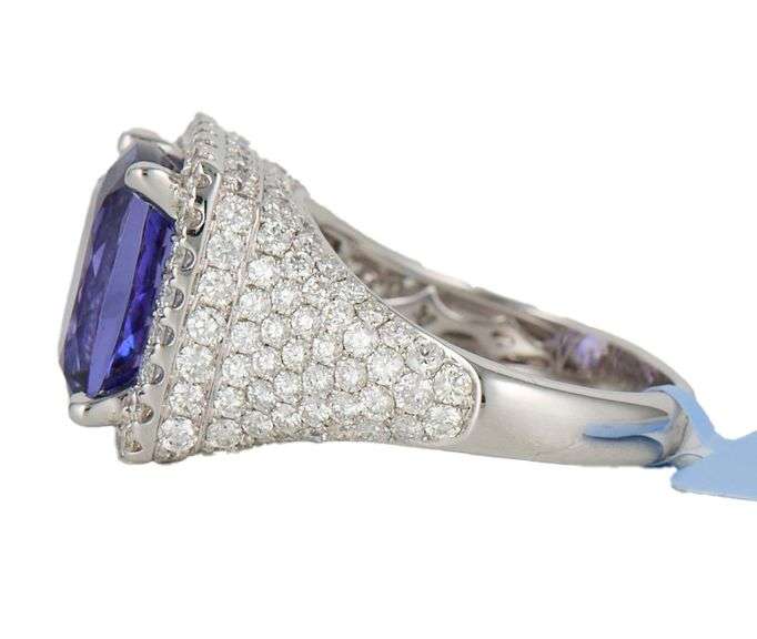 New 7.03ct Cushion Tanzanite and 2.43ctw Pave Diamond Frame Ring in 14K
