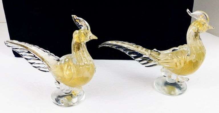 Pair of Large Vintage Murano Art Glass Pheasants