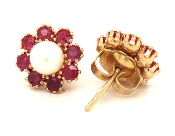 14kt Yellow gold pearl ruby jacket stud earrings