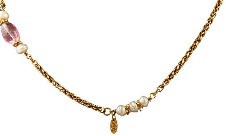Chanel Pink Stone and Faux Pearl Station Necklace