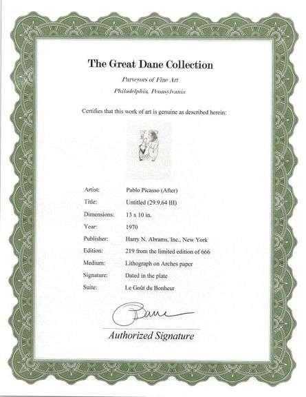 Exclusive Limited Edition Pablo Picasso Lithograph "Le Gout du Bonheur", 1970