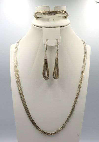 Set of Vintage 925 sterling silver multi strand necklace, bracelet and dangle earrings