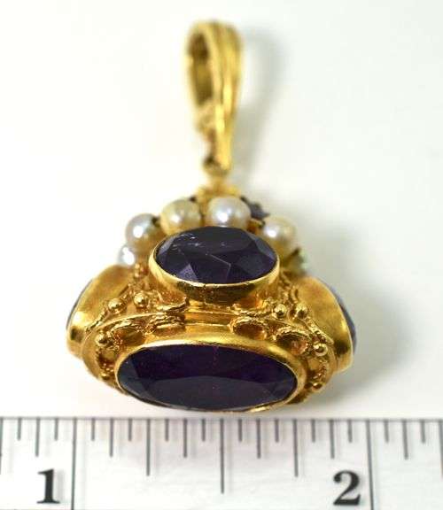Antique 18K Yellow Gold Fob with Amethysts and Pearls