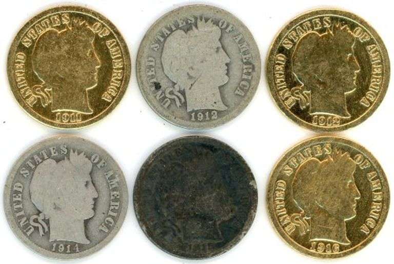6 Assorted Barber Silver Dimes: 1911-1916