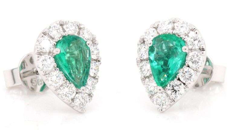 New 0.99ctw Pear Emerald and 0.75ctw Diamond Frame Stud Earrings in 14K