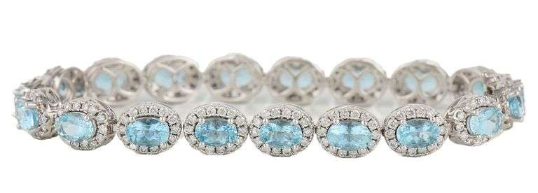 New 8.15ctw Oval Aquamarine and 2.85ctw Diamond Frame Tennis Bracelet in 14K