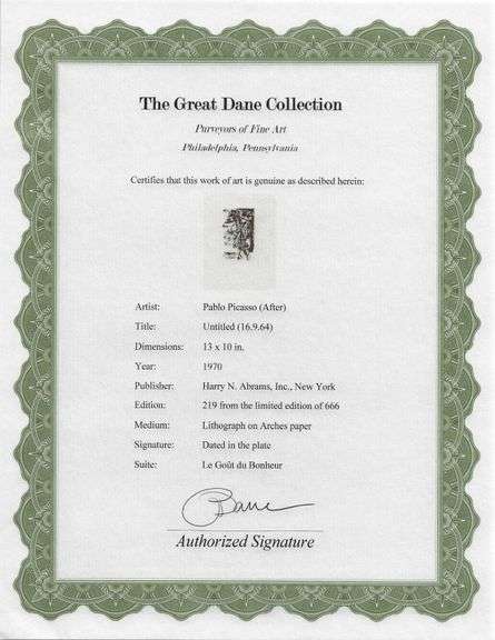 Exclusive Limited Edition Pablo Picasso Lithograph "Le Gout du Bonheur", 1970