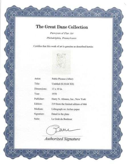 Exclusive Limited Edition Pablo Picasso Lithograph "Le Gout du Bonheur", 1970
